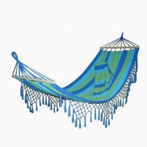 Large Brazilian Canvas Fabric Hammock with Wood Spreader Bar and Fringed Macrame for Indoor, Outdoor, Patio, Porch, Yard, Hiking, Travel, Deco