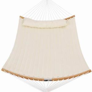 11 ft Quilted Fabric Hammock with Curved-Bar Bamboo spread bar and Detachable Pillow