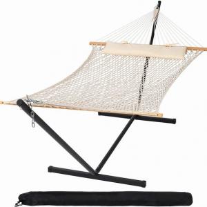 12FT Cotton Rope Hammock with Stand Portable and Spreader Bar for 2 Person with Carry Bag 