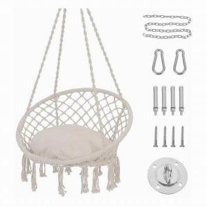 Round Rope Swing Hanging Hammock ChairWith Macrame and Cushion