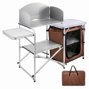 Aluminum Windscreen Outdoor Folding Grill Portable Camp Cook Station Camping Kitchen Table with 2 Side Tables 