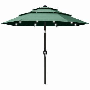  9ft 3 Tiers Market Umbrella with 80 LED Lights Patio Umbrellas Outdoor Table with Ventilation and 5 Years Non-Fading Top,Macaw Green