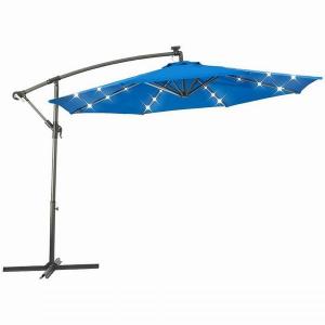 10FT LED Lighted Offset Patio Cantilever Umbrella With Solar Lights Market Outdoor Hanging Deck Umbrella for Pool