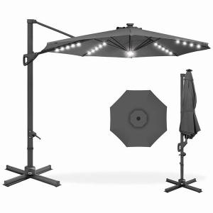 10ft Solar LED Cantilever Patio Hanging Offset Market Outdoor Sun Shade Deck Umbrella With LED lights And 360-Degree Rotation