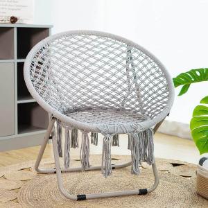 Cotton Rope Woven Handmade Round Cozy Saucer Moon Chair with Folding Metal Frame Chairs For Bedroom, Living Room Décor 