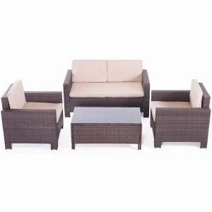 4pcs Patio Outdoor Rattan Sofa Set Wicker Conversation Furniture Sectional Sofa